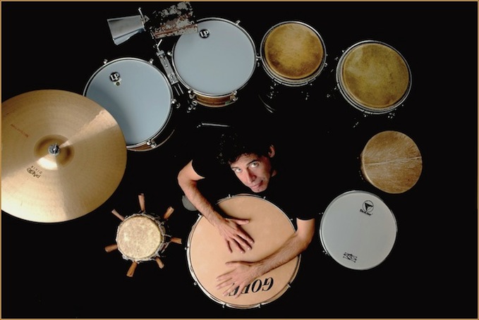 Overhead view of Michael surrounded by his percussion set-up
